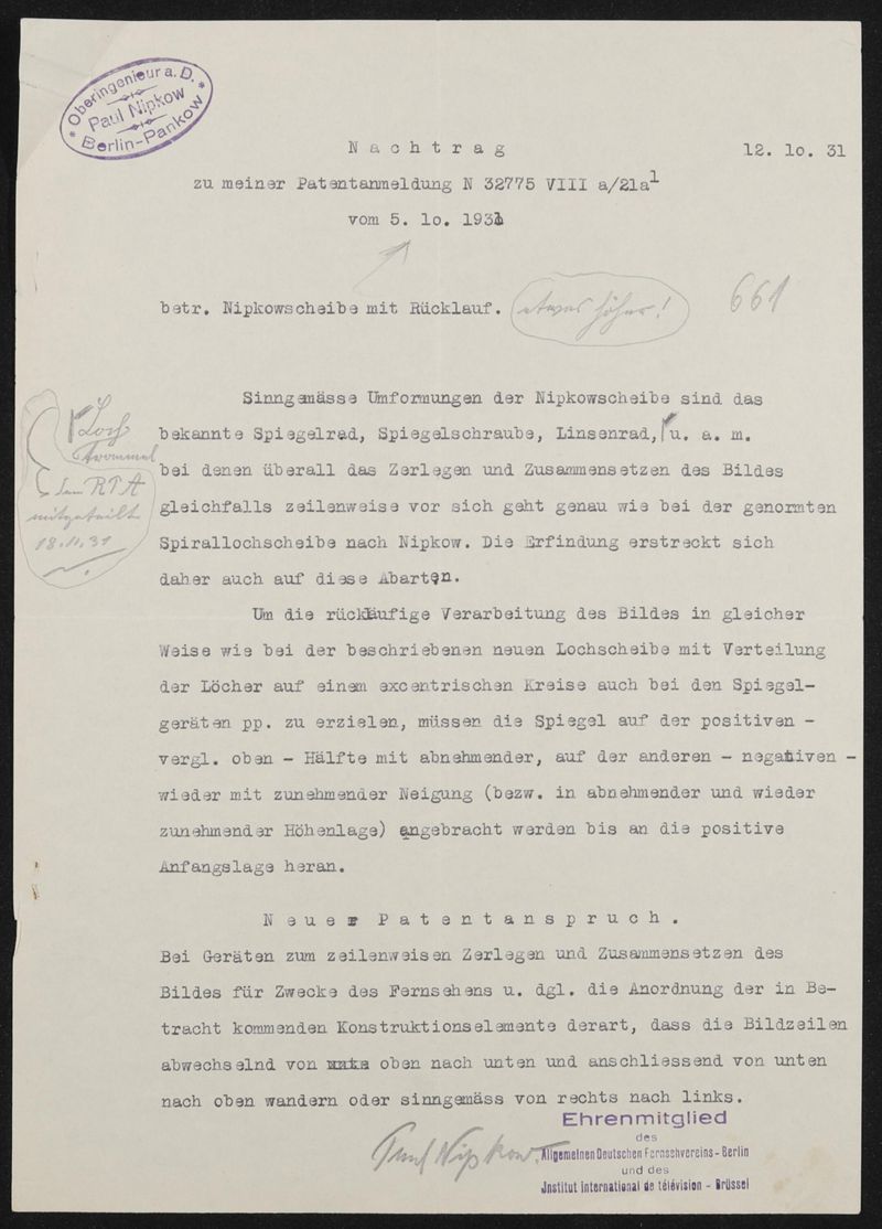Typoskript zu Patentanmeldung N 32775 VIII a / 21a¹ Nipkowscheibe mit Rücklauf mit zwei Nachträgen und Aufträgen für Stenotypistin