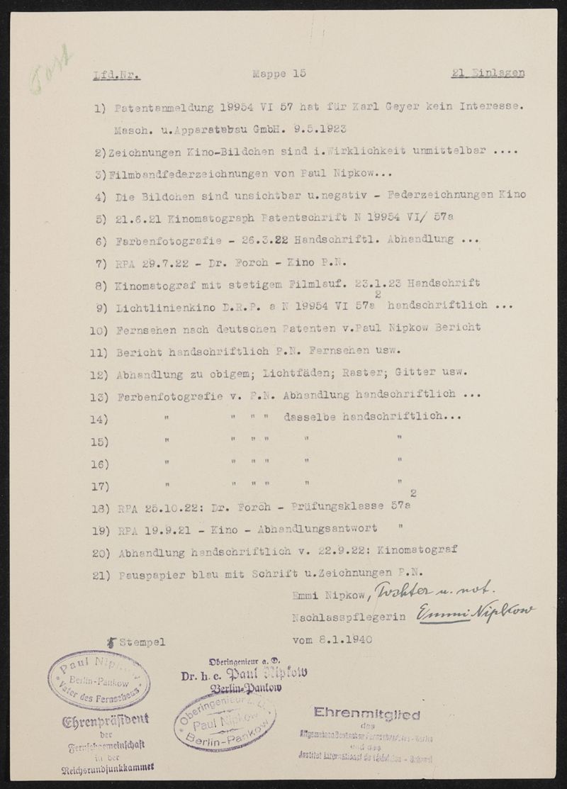 Inhaltsliste Arbeitsmappe Nr. 15: DRP 388005 (N 19954 VI / 57a²) Aufnehmen und Wiedergeben bewegter Bilder mit stetiglaufendem Bildband (Fernkinomatograph), 2 Blätter