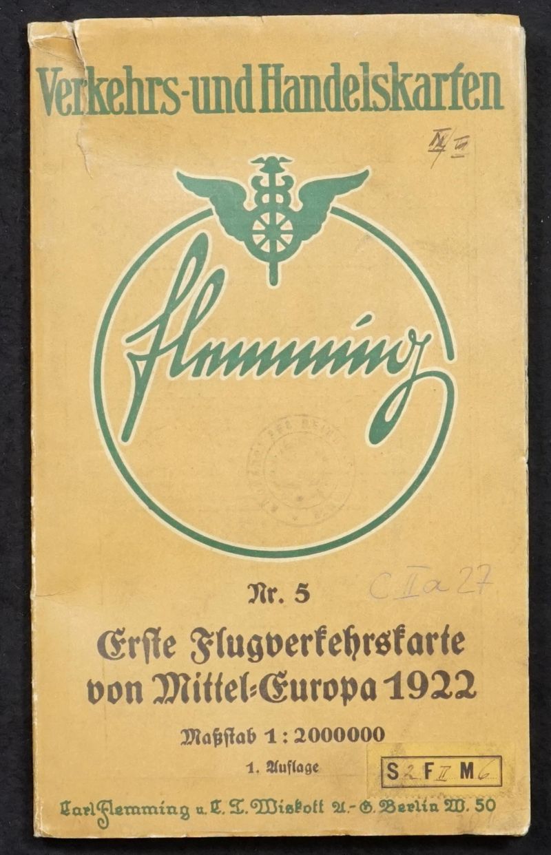 Flugverkehrskarte von Deutschland und Mitteleuropa mit Flug-, Eisenbahn- und Dampfschiffahrtslinien