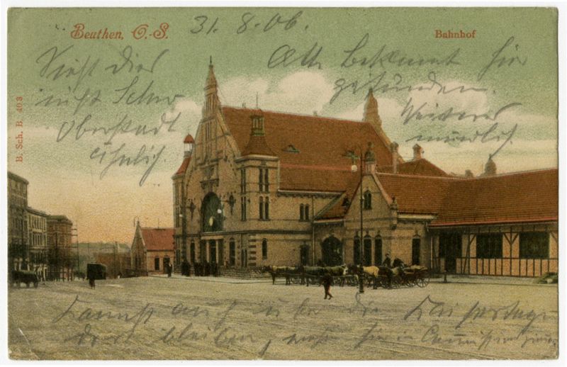 Ansichtspostkarte. Beuthen/Oberschlesien, Bahnhof, mit rückseitigem Bahnpoststempel des Bahnpostkurses Breslau - Myslowitz, gelaufen