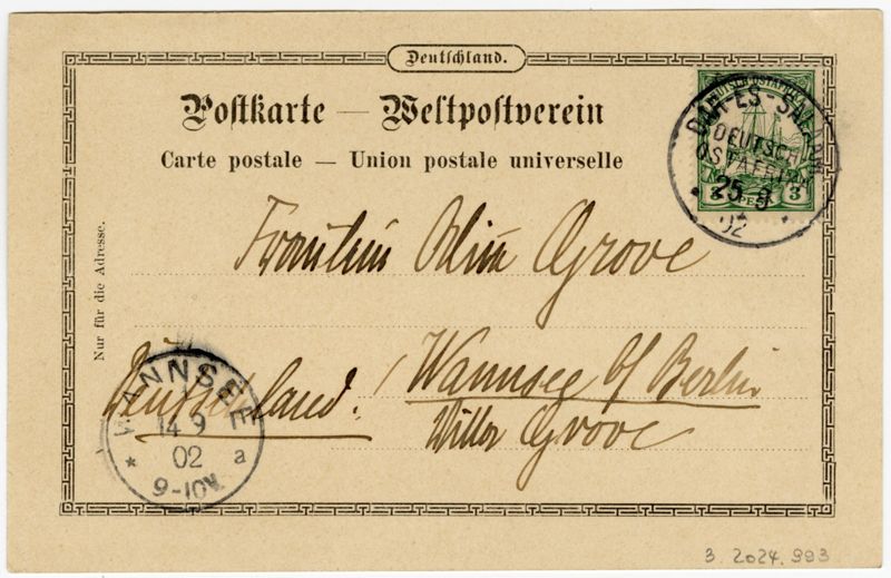 Ansichtspostkarte, Daressalam/Deutsch-Ostafrika, Mehrfachansicht: Markthalle, Araber-Straße, Msumguma-Tänzer, gelaufen