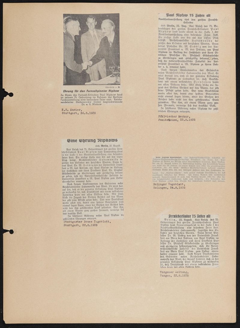 Album mit 625 Zeitungsartikeln und Pressebildern vom 70., 75. und 80. Geburtstag von Paul Nipkow und vom Staatsakt in der Universität Berlin im August 1940, 101 Bögen