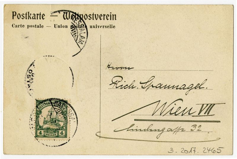 Ansichtspostkarte. Kolonialpost, Daressalam, Deutsch-Ostafrika, Kaiserstraße mit D.-C.-.A.-Gesellschaft und Bank-Haus, gelaufen