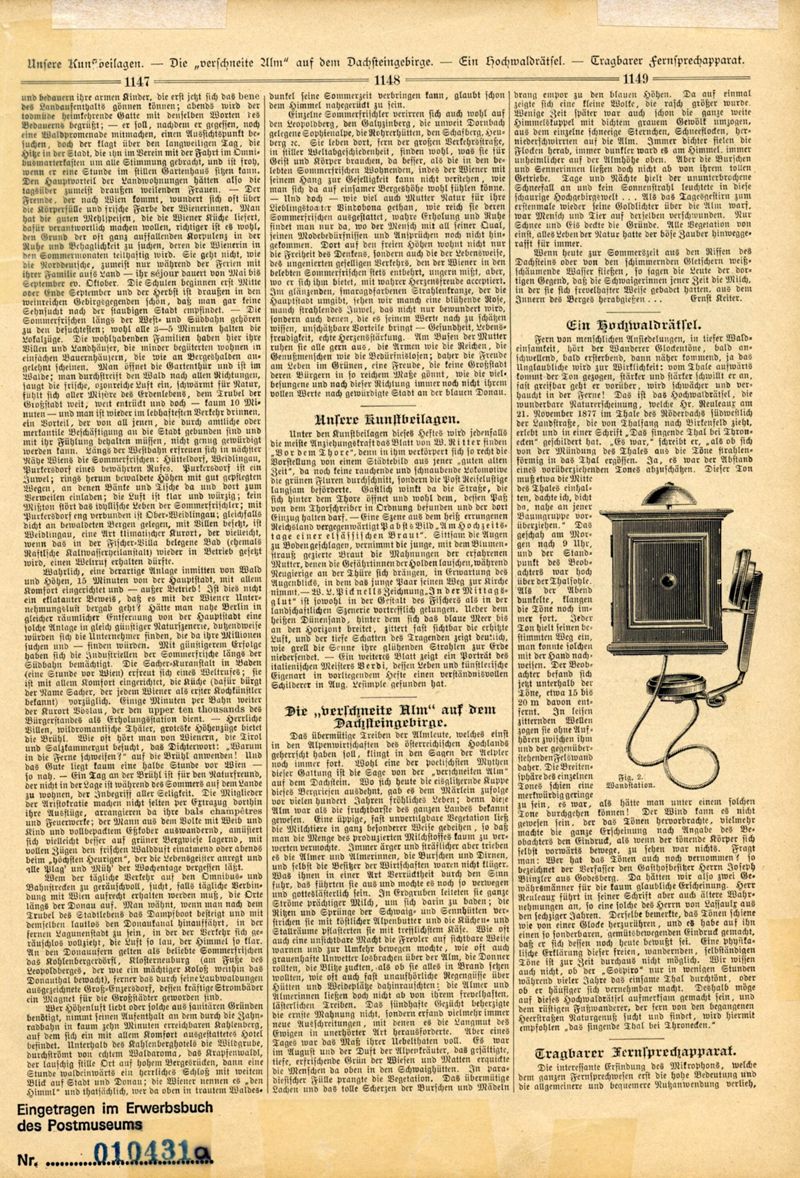 Artikel Tragbarer Fernsprechapparatmit Abbildungen des ersten Telefonhörers von Mix und Genest und des ersten Tischapparats aus der Zeitschrift Vom Fels zum Meer