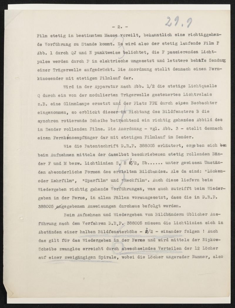 Typoskript zu Patentanmeldung N 30972 IX / 57a² Fernkino mit stetig laufendem Bildband