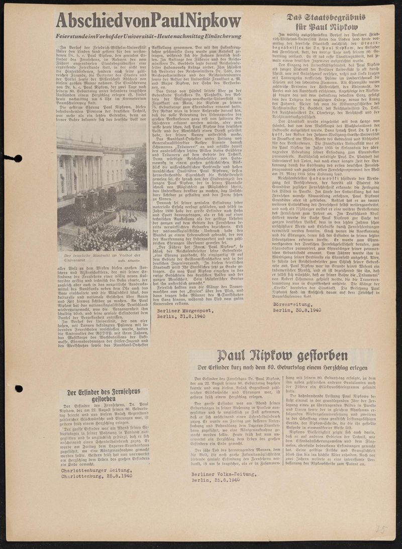 Album mit 625 Zeitungsartikeln und Pressebildern vom 70., 75. und 80. Geburtstag von Paul Nipkow und vom Staatsakt in der Universität Berlin im August 1940, 101 Bögen