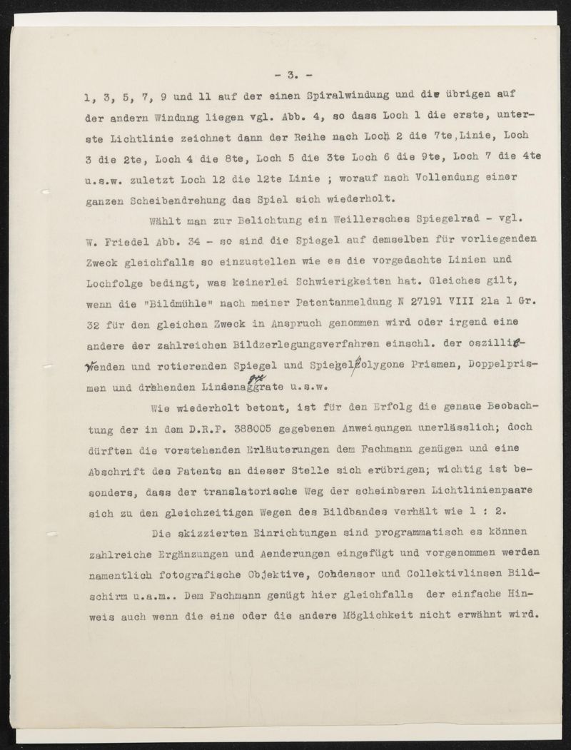 Patentanmeldung N 30972 IX / 57a² Fernkino mit stetig laufendem Bildband -maschinenschriftliches Manuskript der Anmeldung, 5 Blätter