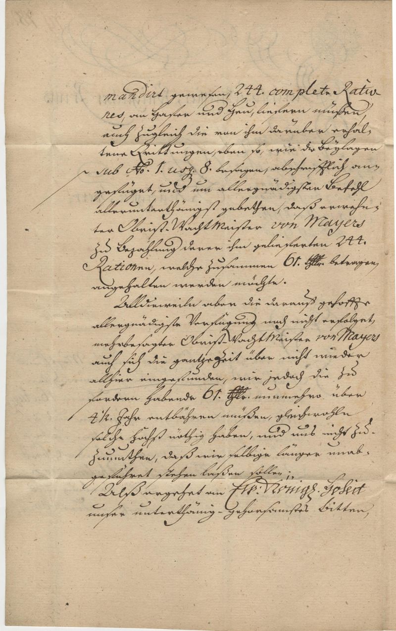 Altbrief, Brief mit Briefinhalt an Prinz Xaver von Sachsen in Dresden, betr. Beschwerde von Raphael und Michael Hertz aus Schleusingen, dass der Obrist-WachtMeister von Mayers die austehenden 61 Thaler für Hafer und Heu noch nicht gezahlt hat
