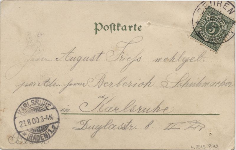 Postkarte von Grete Kottler in Beuren an August Frieß in Karlsruhe mit Nachricht in verschlüsselter Schrift