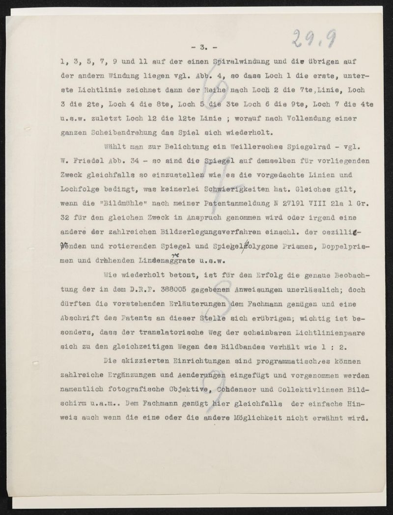 Typoskript zu Patentanmeldung N 30972 IX / 57a² Fernkino mit stetig laufendem Bildband