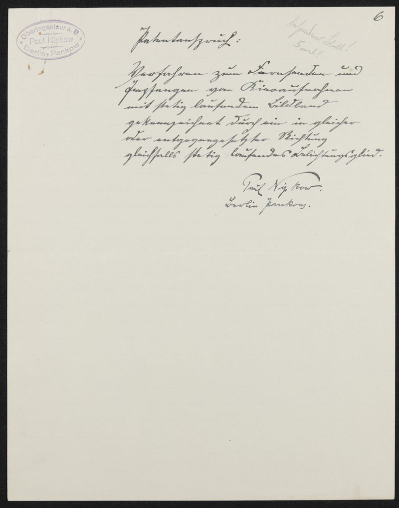 Manuskript zu Patentanmeldung N 30972 IX / 57a² Fernkino mit stetig laufendem Bildband