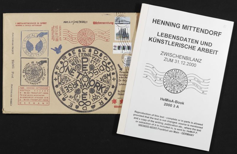 Mail Art-Sendung mit autobiografischer Publikation HeMi-Zwischenbilanz in gestaltetem Briefumschlag