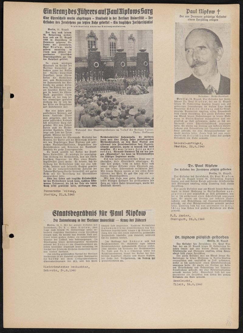 Album mit 625 Zeitungsartikeln und Pressebildern vom 70., 75. und 80. Geburtstag von Paul Nipkow und vom Staatsakt in der Universität Berlin im August 1940, 101 Bögen
