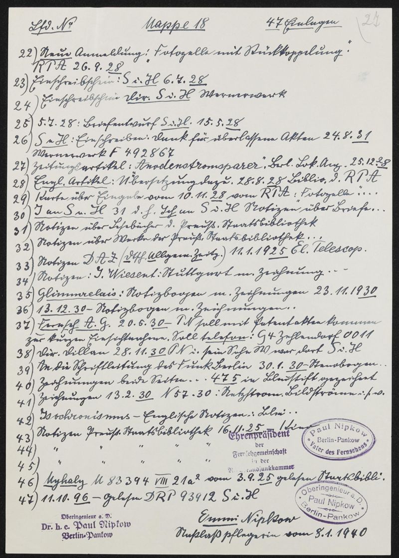 Inhaltsliste Arbeitsmappe Nr. 18: Aufsätze und Literaturexzerpte zu verschiedenen Themen und Unterlagen zu DRP 552675, DRP 498415, DRP 388005, DRP 116287 und Patentanmeldungen 20245 / 21.6.1888, 33752 / 3.5.1888 und 29781 / 29.6.1887, 3 Blätter