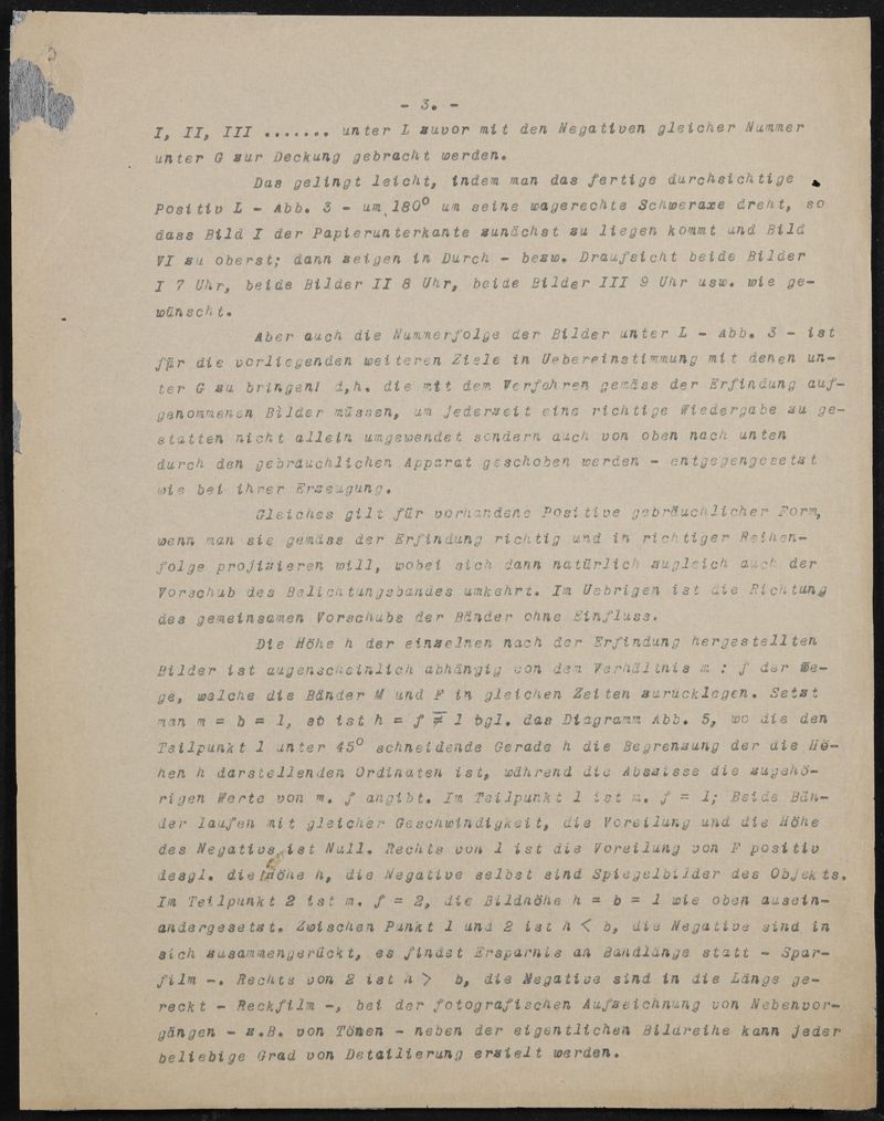 DRP 388005 (N 19954 VI / 57a²) Aufnehmen und Wiedergeben bewegter Bilder mit stetiglaufendem Bildband (Fernkinomatograph, hier als Lichtlinienkino bezeichnet) - Abschrift der Patentanmeldung, 5 Blätter