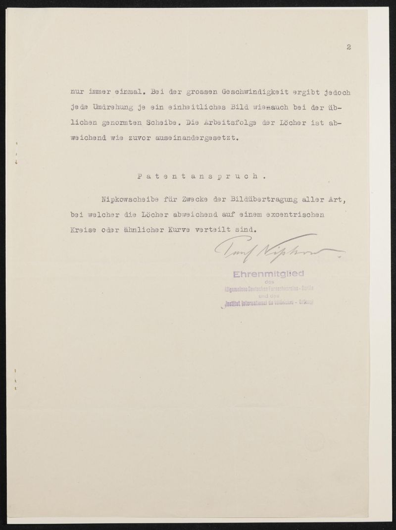 Typoskript der Patentanmeldung N 32775 VIII a / 21a¹ Nipkowscheibe mit Rücklauf