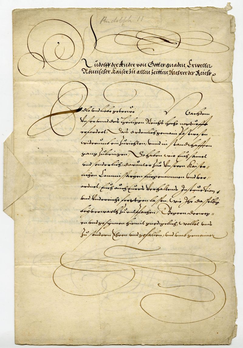 Brief Kaiser Rudolf II. von Prag nach Augsburg an die Bankiers und Großunternehmer Hans Fugger, Matthäus Welser und Johann Ilsung