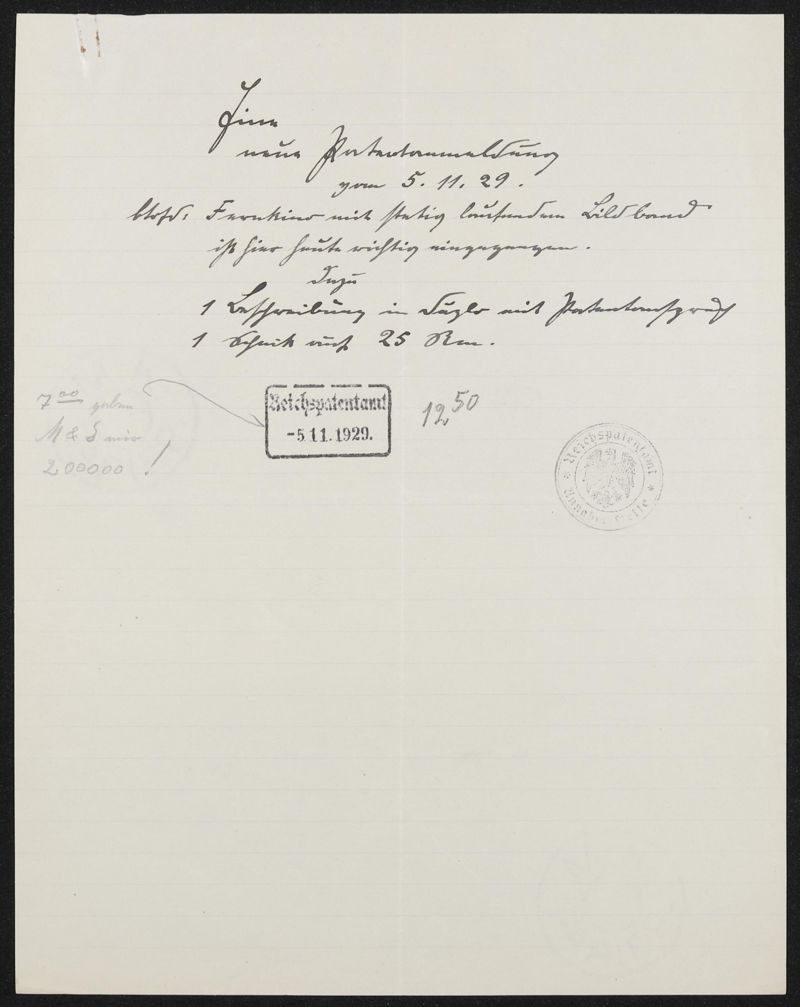 Empfangsbestätigung über die Anmeldegebühr von Patentanmeldung N 30972 IX / 57a² Fernkino mit stetig laufendem Bildband