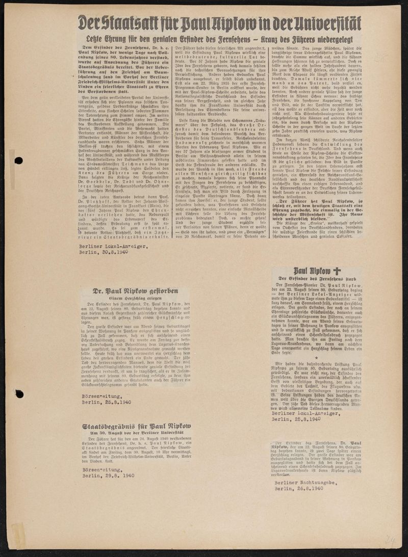 Album mit 625 Zeitungsartikeln und Pressebildern vom 70., 75. und 80. Geburtstag von Paul Nipkow und vom Staatsakt in der Universität Berlin im August 1940, 101 Bögen