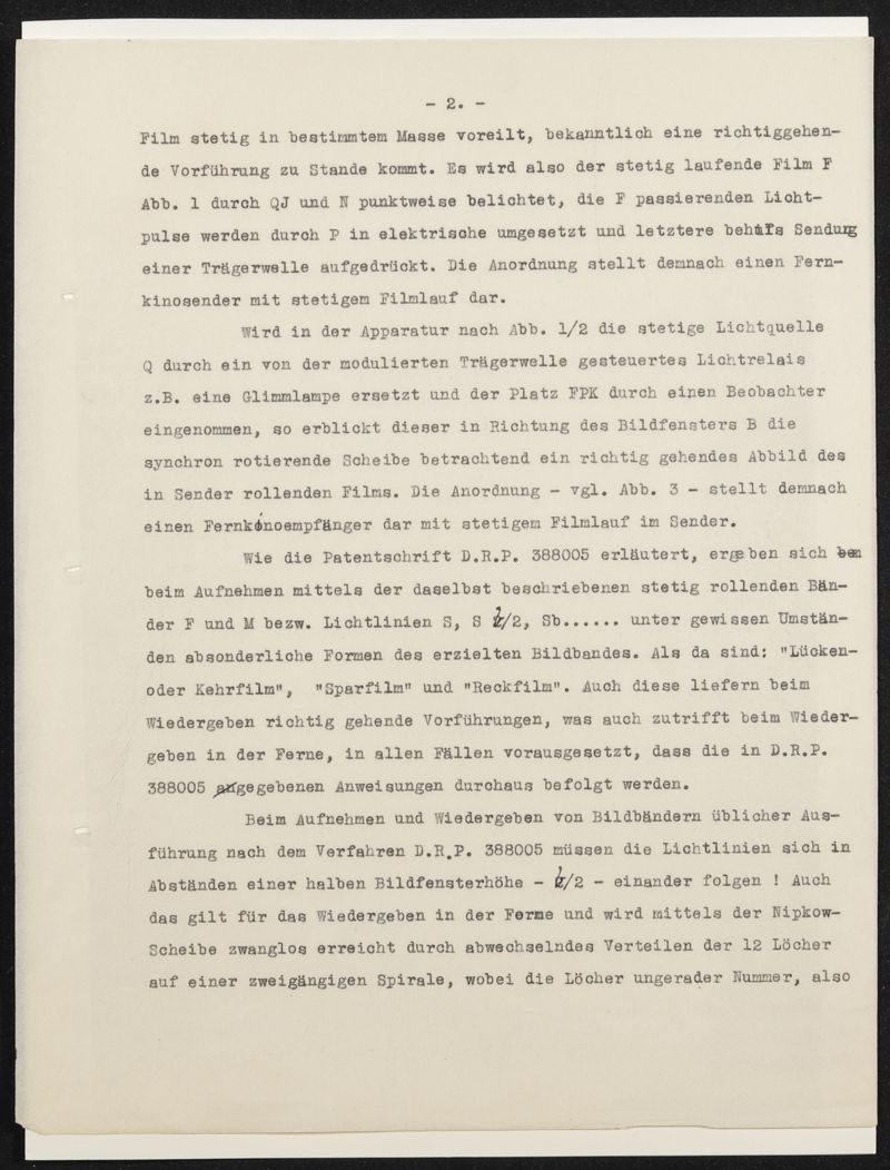 Patentanmeldung N 30972 IX / 57a² Fernkino mit stetig laufendem Bildband -maschinenschriftliches Manuskript der Anmeldung, 5 Blätter
