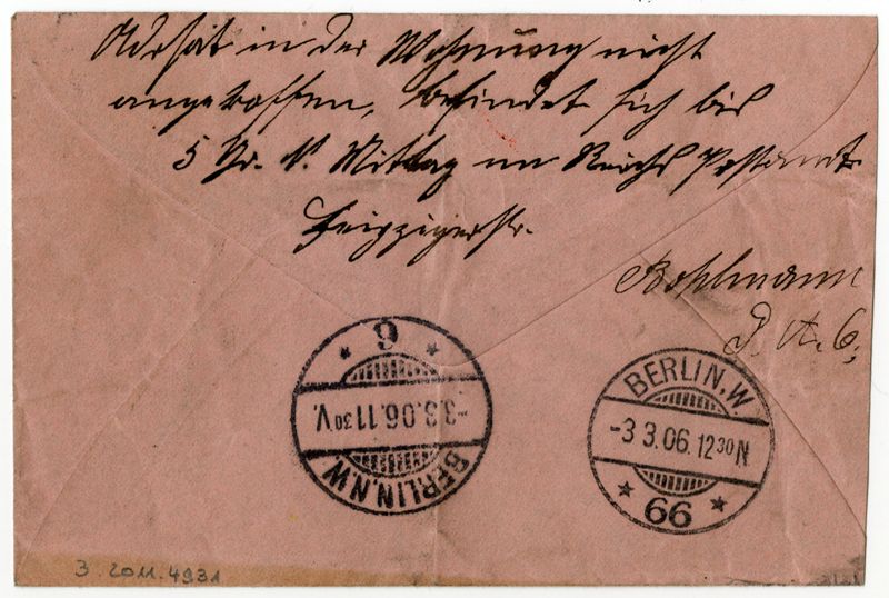 Brief, Rohrpostbriefumschlag der Deutschen Reichspost, aufgegeben im Postamt Berlin NW 7, adressiert an den Oberpostsekretär Vikisch in Berlin, zugestellt durch das Postamt Berlin W 66