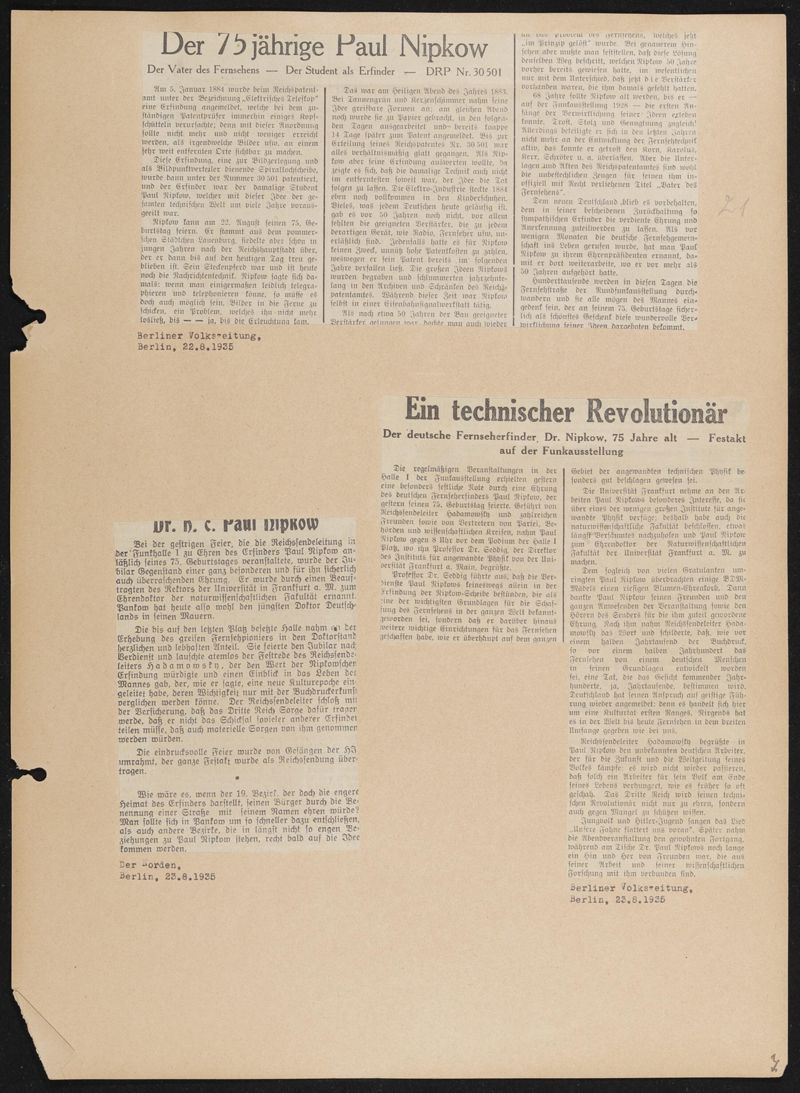 Album mit 625 Zeitungsartikeln und Pressebildern vom 70., 75. und 80. Geburtstag von Paul Nipkow und vom Staatsakt in der Universität Berlin im August 1940, 101 Bögen
