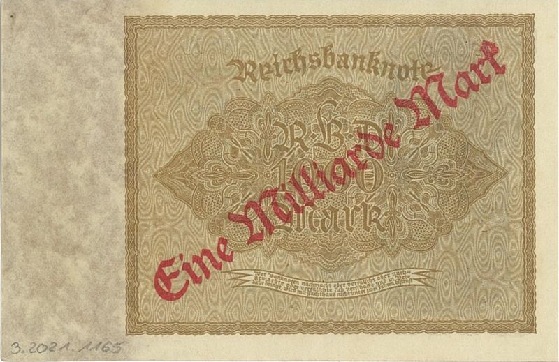 Banknote des Deutschen Reiches über Eine Milliarde Mark als Überdruckprovisorium auf dem 1000 Mark-Schein