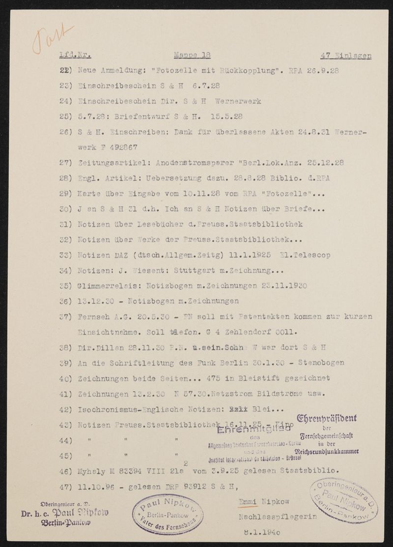 Inhaltsliste Arbeitsmappe Nr. 18: Aufsätze und Literaturexzerpte zu verschiedenen Themen und Unterlagen zu DRP 552675, DRP 498415, DRP 388005, DRP 116287 und Patentanmeldungen 20245 / 21.6.1888, 33752 / 3.5.1888 und 29781 / 29.6.1887, 3 Blätter