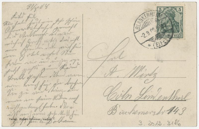 Ansichtspostkarte. Gruss aus dem Kölner Hof zu Blankenheim, Mehrfachansicht (Hotel Kölner Hof, Postgebäude der Kaiserlich Deutschen Reichspost, Totalansicht von Blankenheim), gelaufen