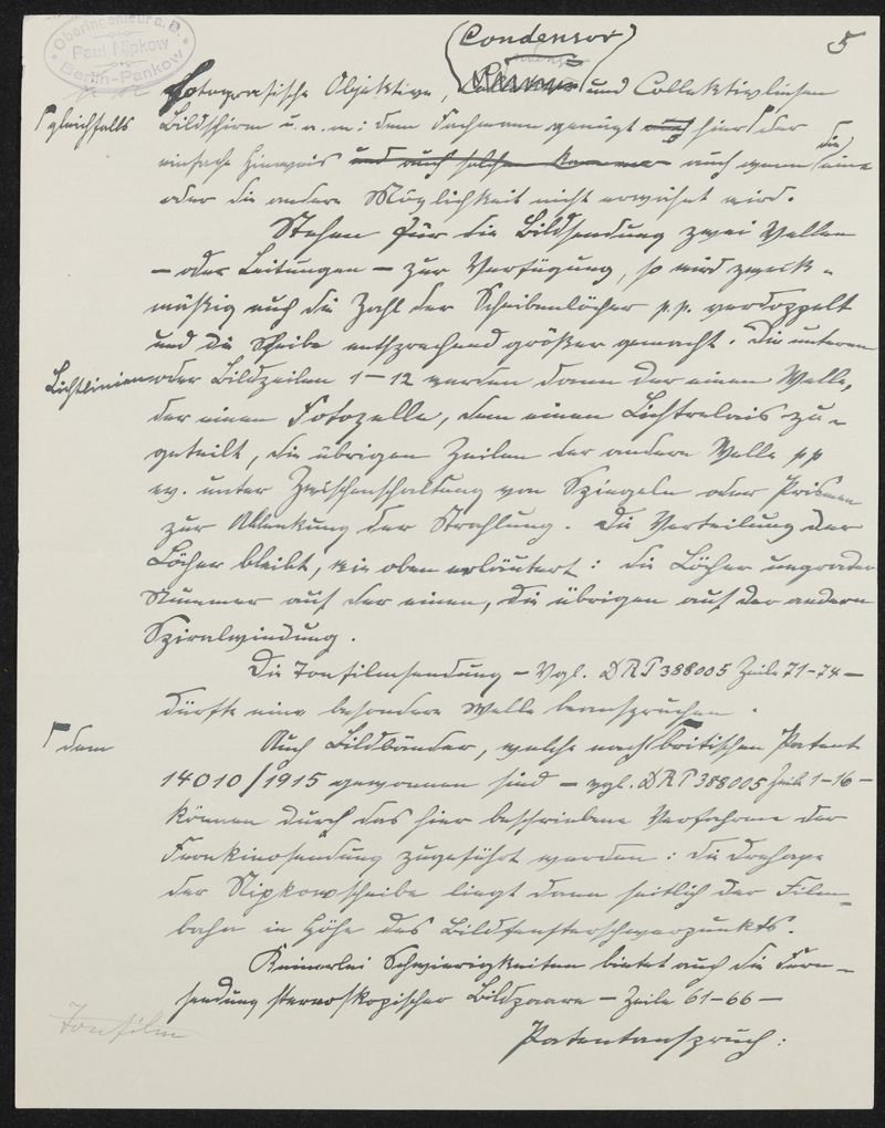 Manuskript zu Patentanmeldung N 30972 IX / 57a² Fernkino mit stetig laufendem Bildband