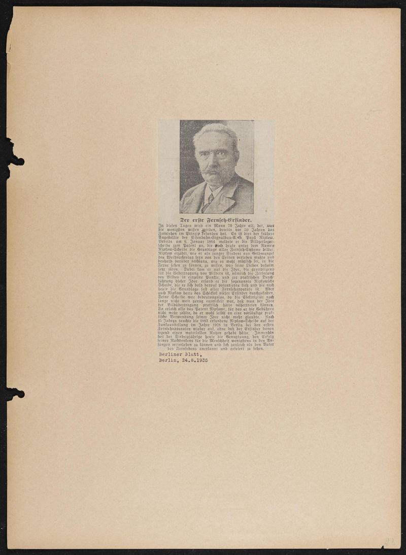 Album mit 625 Zeitungsartikeln und Pressebildern vom 70., 75. und 80. Geburtstag von Paul Nipkow und vom Staatsakt in der Universität Berlin im August 1940, 101 Bögen