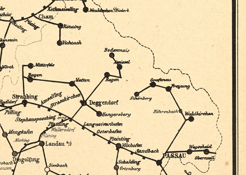Netzplan der Telegrafenleitungen in Bayern mit Eisenbahnstationen