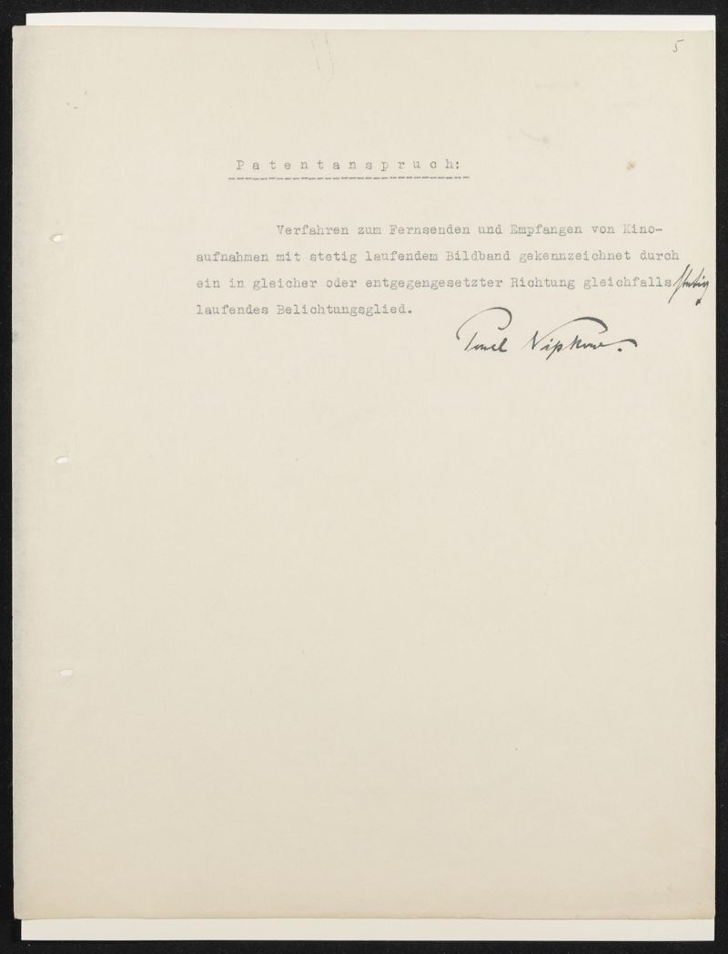 Patentanmeldung N 30972 IX / 57a² Fernkino mit stetig laufendem Bildband -maschinenschriftliches Manuskript der Anmeldung, 5 Blätter