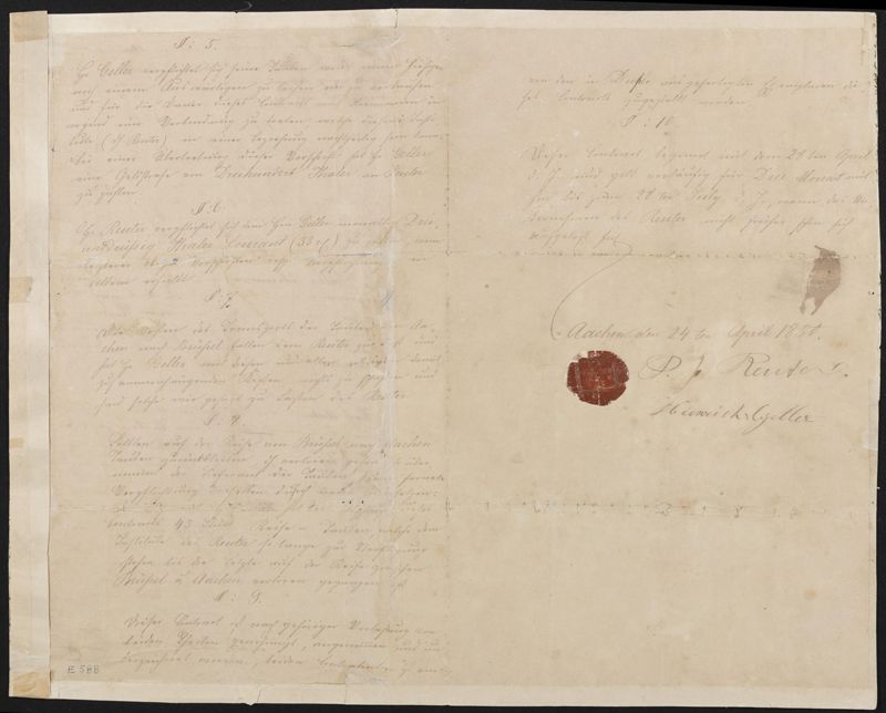 Vertrag zwischen Julius Reuter und Heinrich Geller über die Gestellung von Brieftauben zur Beförderung von Nachrichten zwischen Brüssel und Aachen.