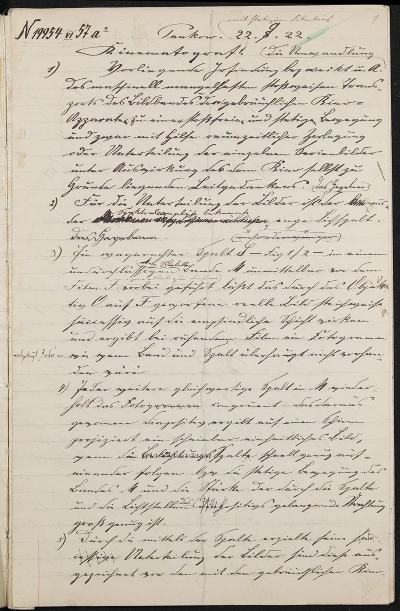 Manuskript, Patentanmeldung N 19954 VI / 57a²  Aufnehmen und Wiedergeben bewegter Bilder mit stetiglaufendem Bildband