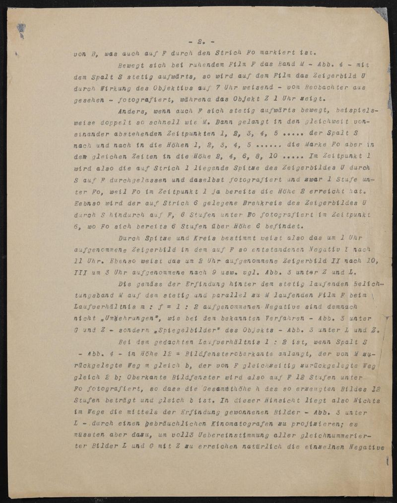 DRP 388005 (N 19954 VI / 57a²) Aufnehmen und Wiedergeben bewegter Bilder mit stetiglaufendem Bildband (Fernkinomatograph, hier als Lichtlinienkino bezeichnet) - Abschrift der Patentanmeldung, 5 Blätter