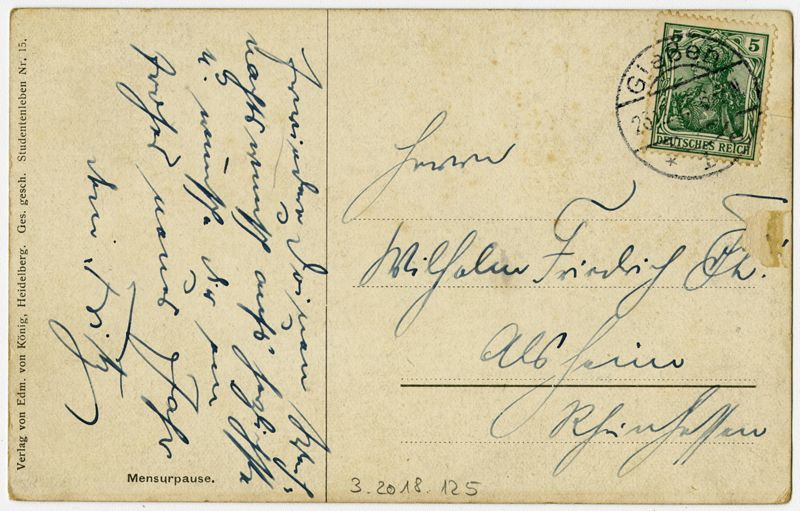 Ansichtspostkarte. Künstlerpostkarte, Studentika, Mensurpause., Studenten während einer Pause beim Mensurfechten, gelaufen