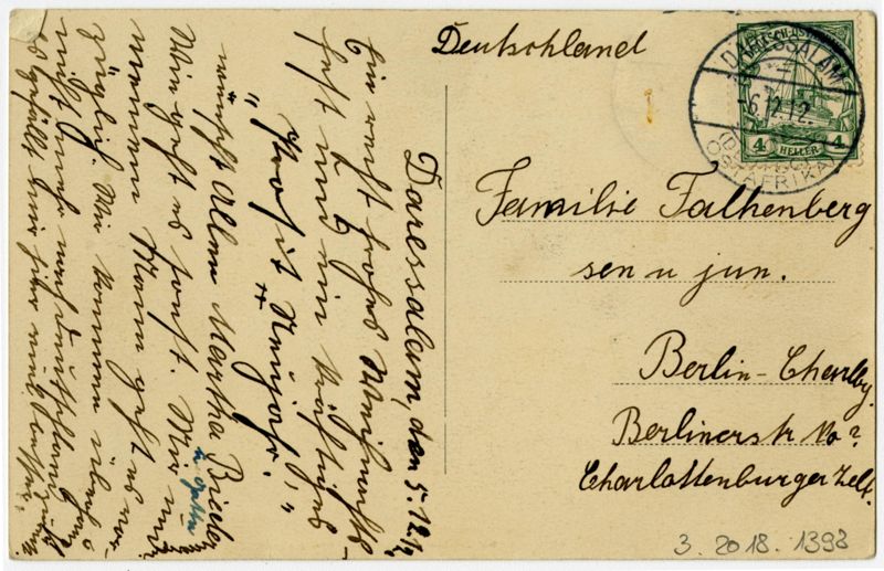 Ansichtspostkarte. Kolonialpost, Scherzkarte, Weihnachtskarte, Fröhliche Weihnachten - Deutsch-Ostafrika., afrikanische Tiere und Kind am Weihnachsbaum, gelaufen