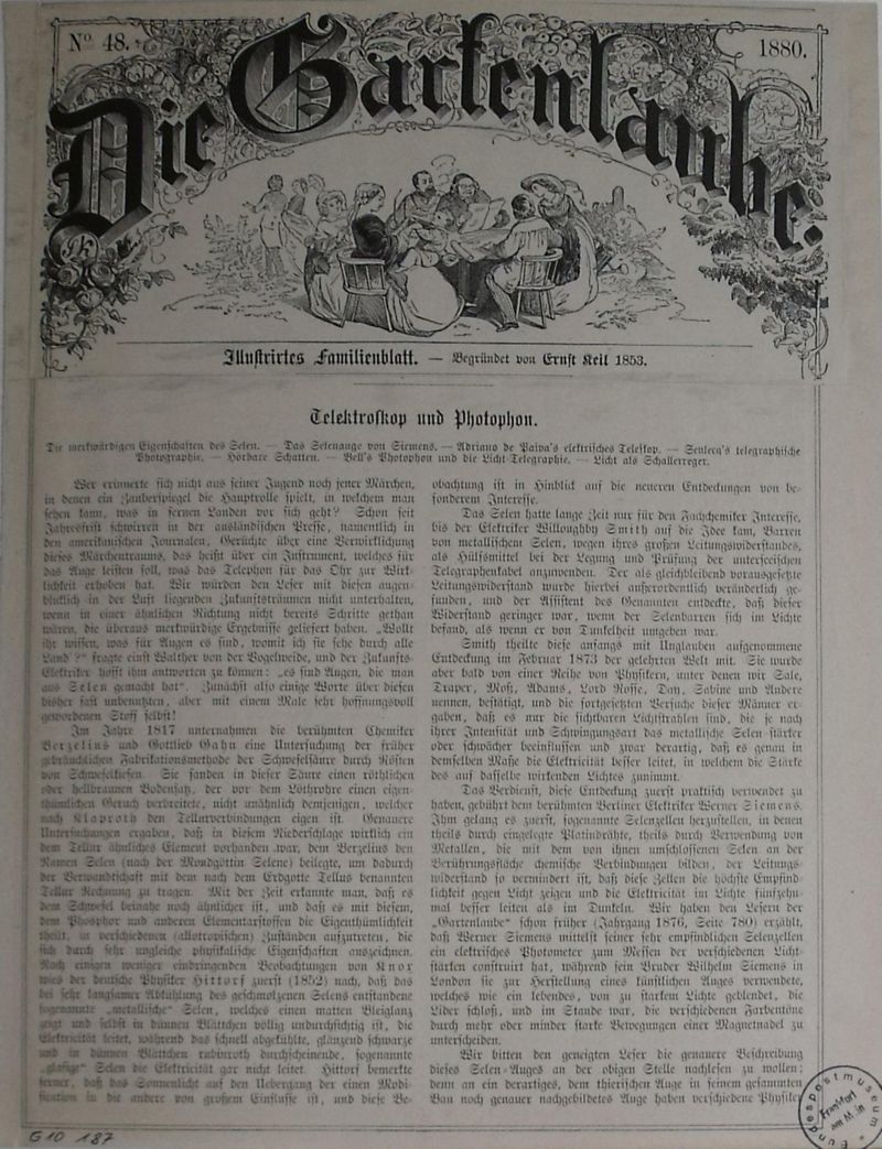 Holzstich Bells Photophon aus dem Artikel Teletroskop und Photophon in Die Gartenlaube. Illustrirtes Familienblatt, Nr. 48, 1880, Seite 787- 790