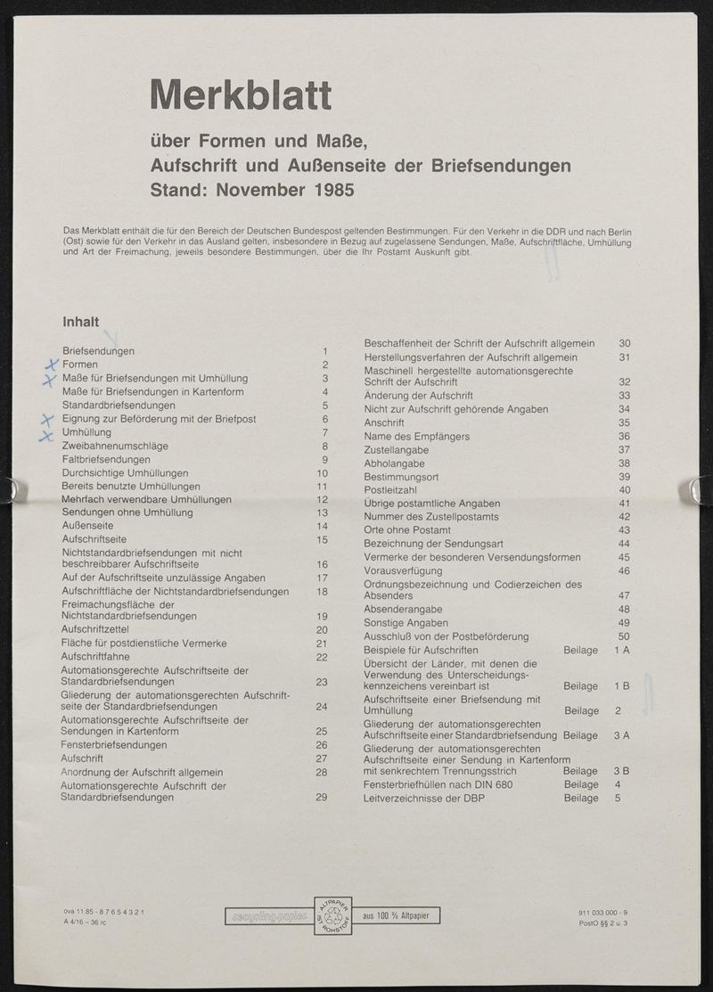 Brief Formen und Maße von Briefsendungen / Beschwerde der Post zu Mail Art-Versand mit Merkblatt und Rücksendung von Mail Art