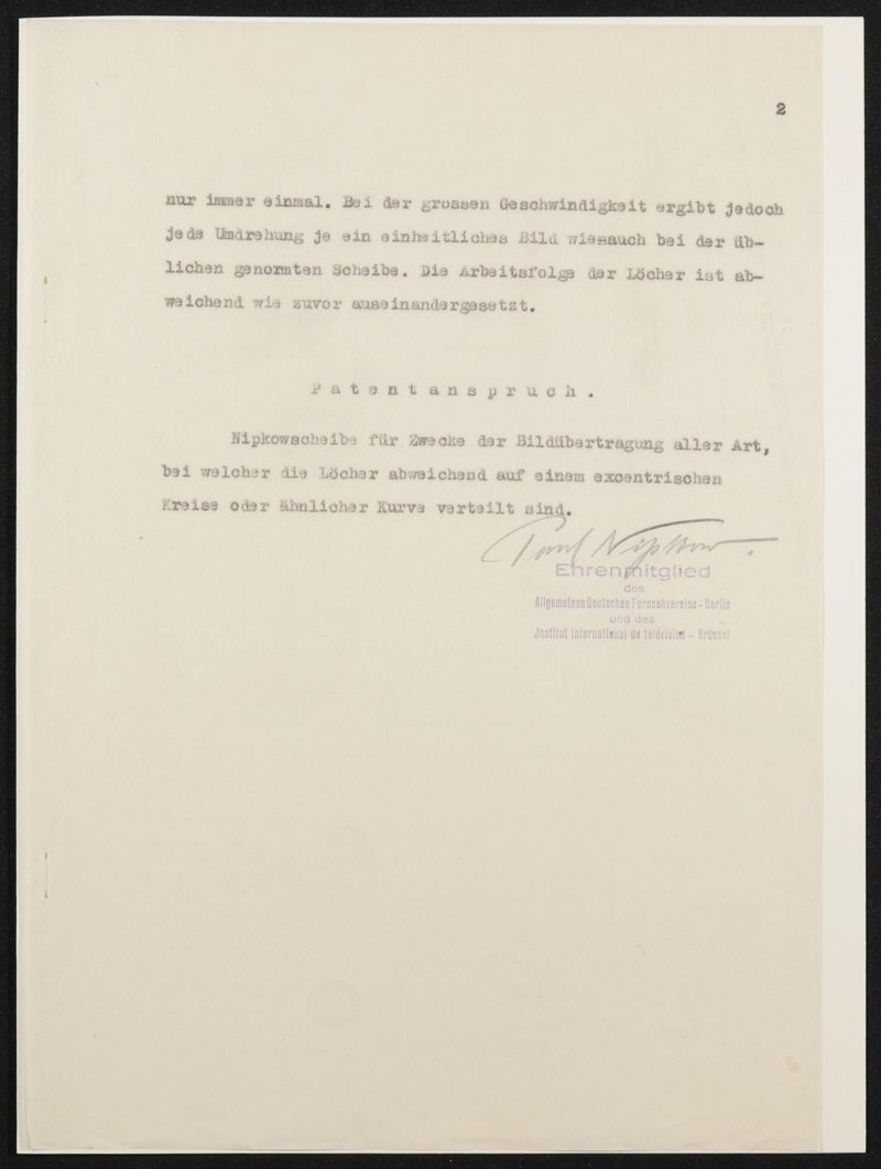 Typoskript, Patentanmeldung N 32775 VIII a / 21a¹ Nipkowscheibe mit Rücklauf