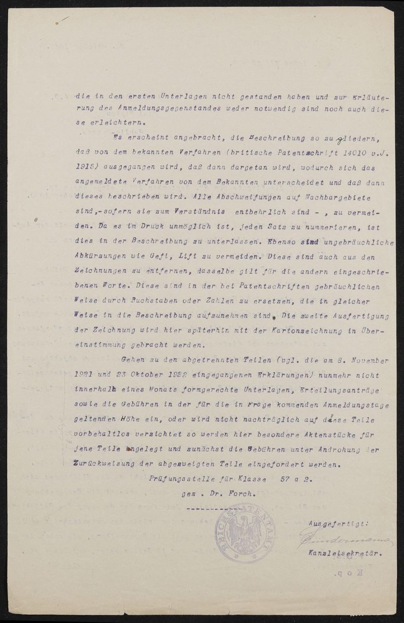 Schreiben zu Patentanmeldung N 19954 VI / 57a²  Aufnehmen und Wiedergeben bewegter Bilder mit stetiglaufendem Bildband, Ergebnis weiterer Prüfung