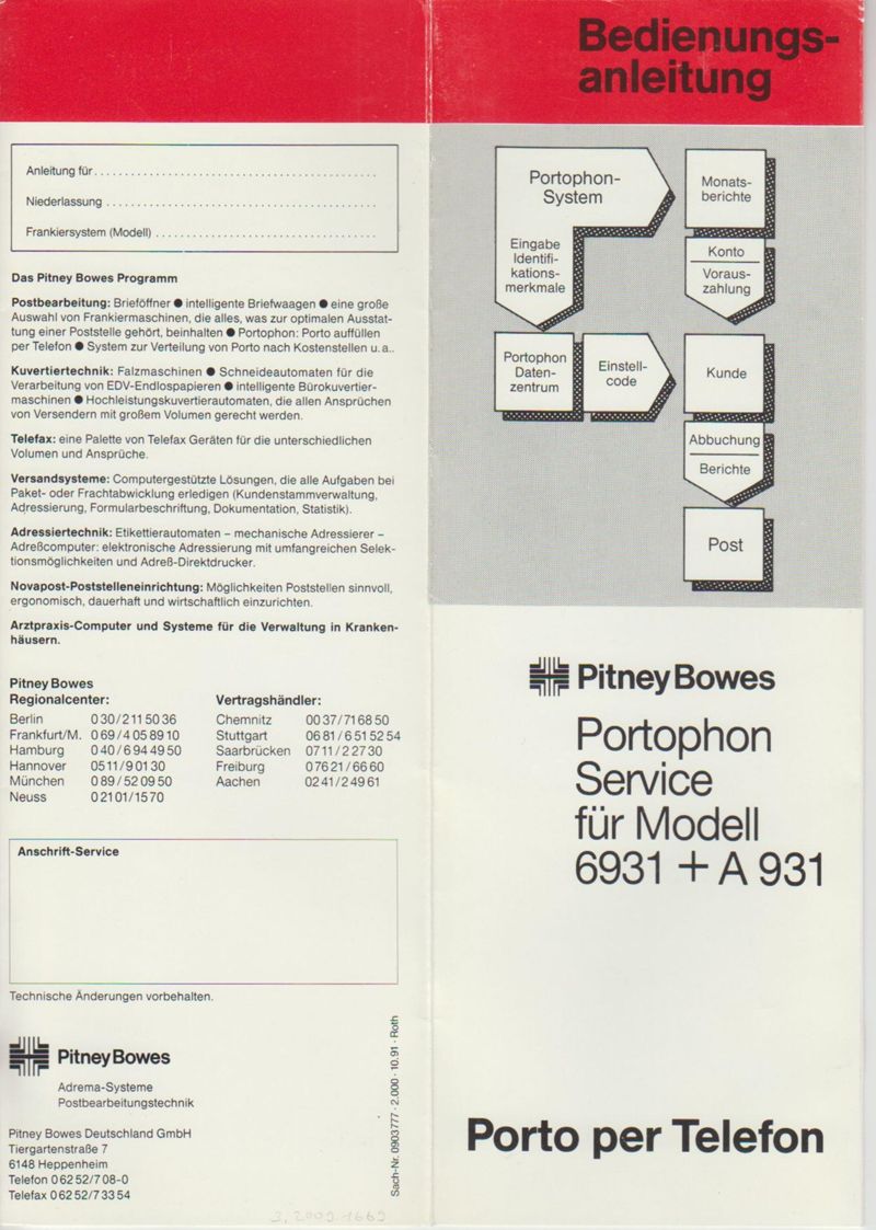 DataPhone, Zubehörgerät Telefon Portophon Service für Absenderfreistempler/ Frankiermaschine Pitney Bowes PortoPhon PC 6931 und A 931