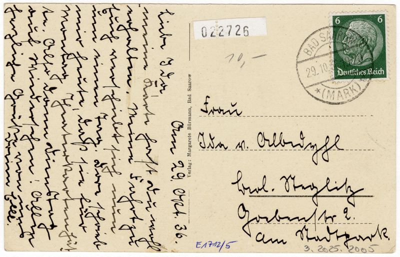 Ansichtspostkarte, Bad Saarow, Außenansicht des Postgebäudes der Deutschen Reichspost, Ulmenstraße 17, gelaufen