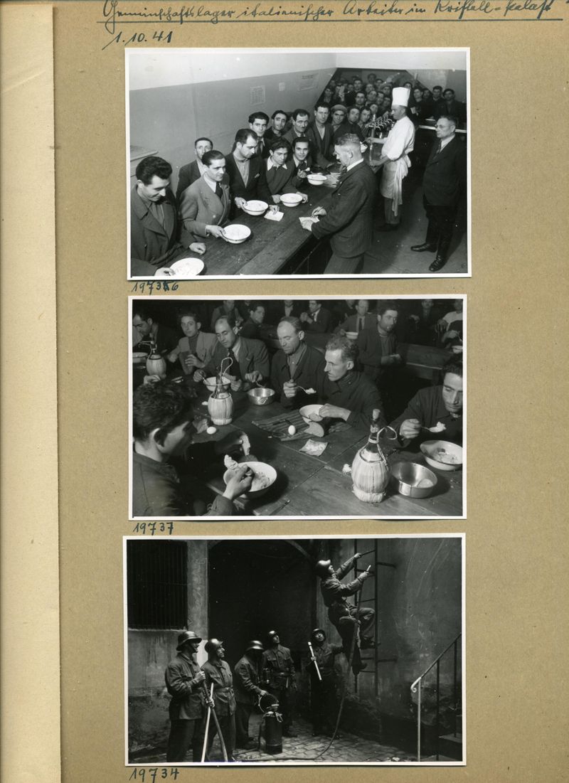 Fotografie italienische Arbeiter beim Essen im Gemeinschaftslager