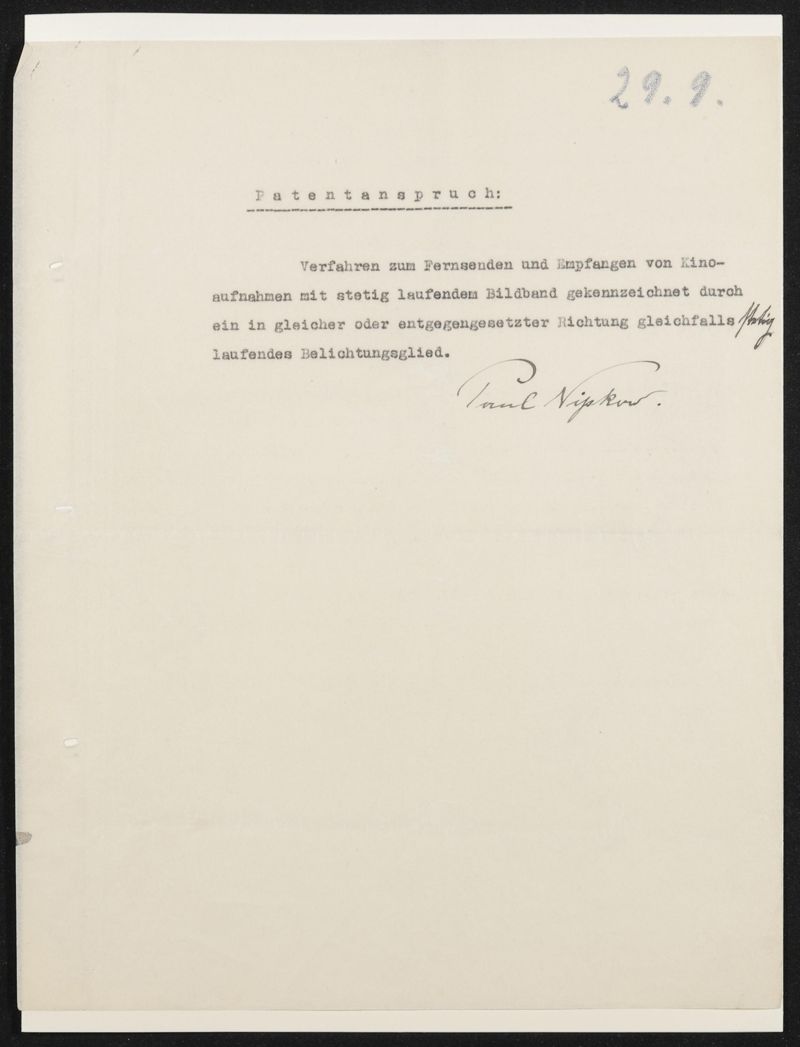 Typoskript zu Patentanmeldung N 30972 IX / 57a² Fernkino mit stetig laufendem Bildband