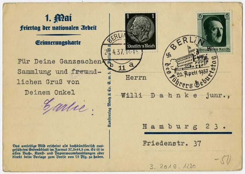 Ansichtspostkarte, Propagandakarte, Erinnerungskarte, Künstlerpostkarte, 1. Mai, Feiertag der nationalen Arbeit, Arbeiter vor Industrielandschaft schauen auf Plaketten von Adolf Hitler und Paul von Hindenburg mit Sonderstempel, gelaufen