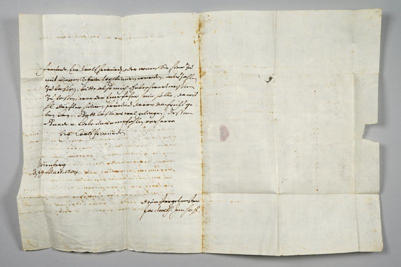 Brief von Jacob Wilhelm von Imhof aus Nürnberg an August Hermann Francke in Halle mit franco-Vermerk bis Leipzig und Rötelstrich als Beförderungsentgeltnotiz