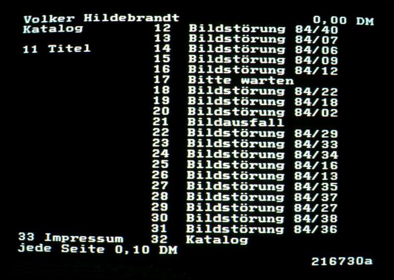 Serie von 20 Bildschirmtext-Kunstwerken Bildstörung Hildebrandt - eine BTX-Ausstellung