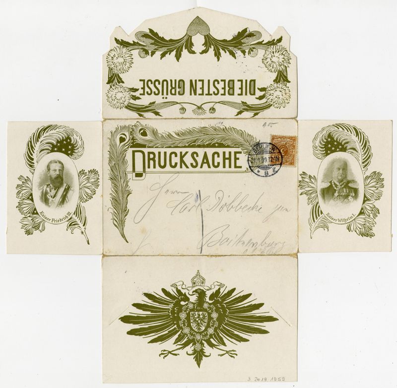 Ansichtspostkarte, Künstlerpostkarte, Drucksache, Die Besten Grüsse, Insignien des Deutschen Kaiserhauses und Porträts der Mitglieder der Kaiserfamilie, gelaufen